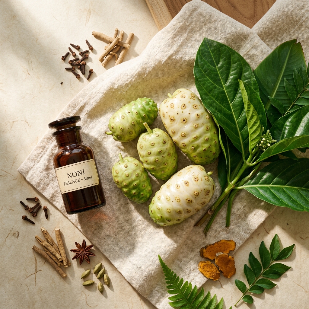Fresh Noni fruit on linen