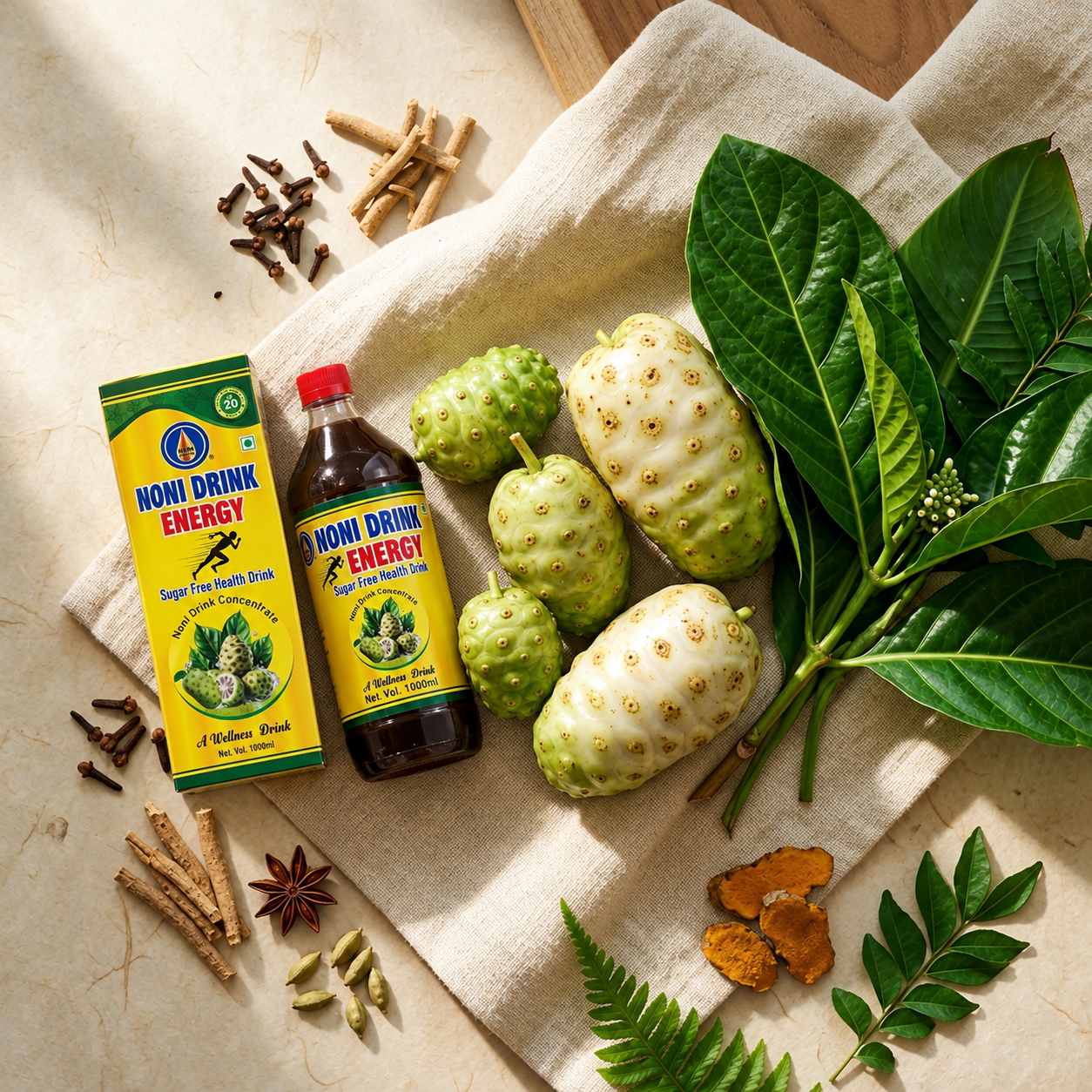Fresh Noni fruit on linen